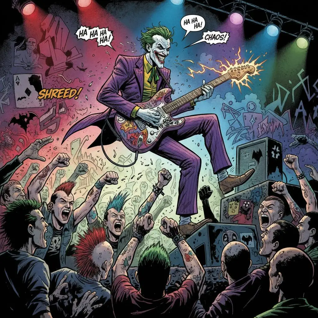 The Joker playing electric guitar on stage at a punk rock concert, graphic novel style.