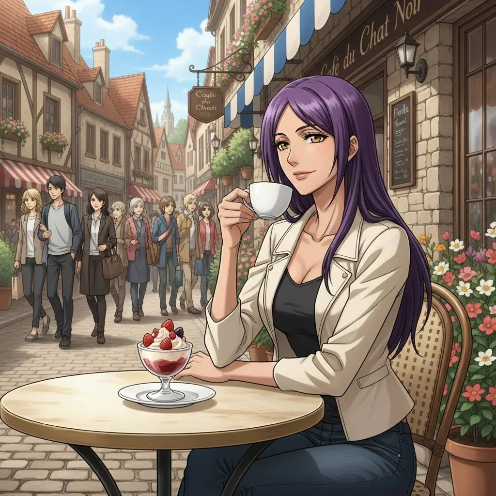Yoruichi Fan Art depicting Yoruichi enjoying coffee at a European cafe