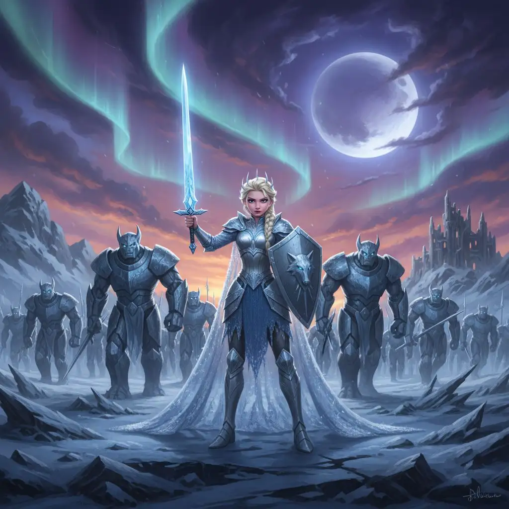 Elsa as a warrior queen leading ice golems across a frozen battlefield.