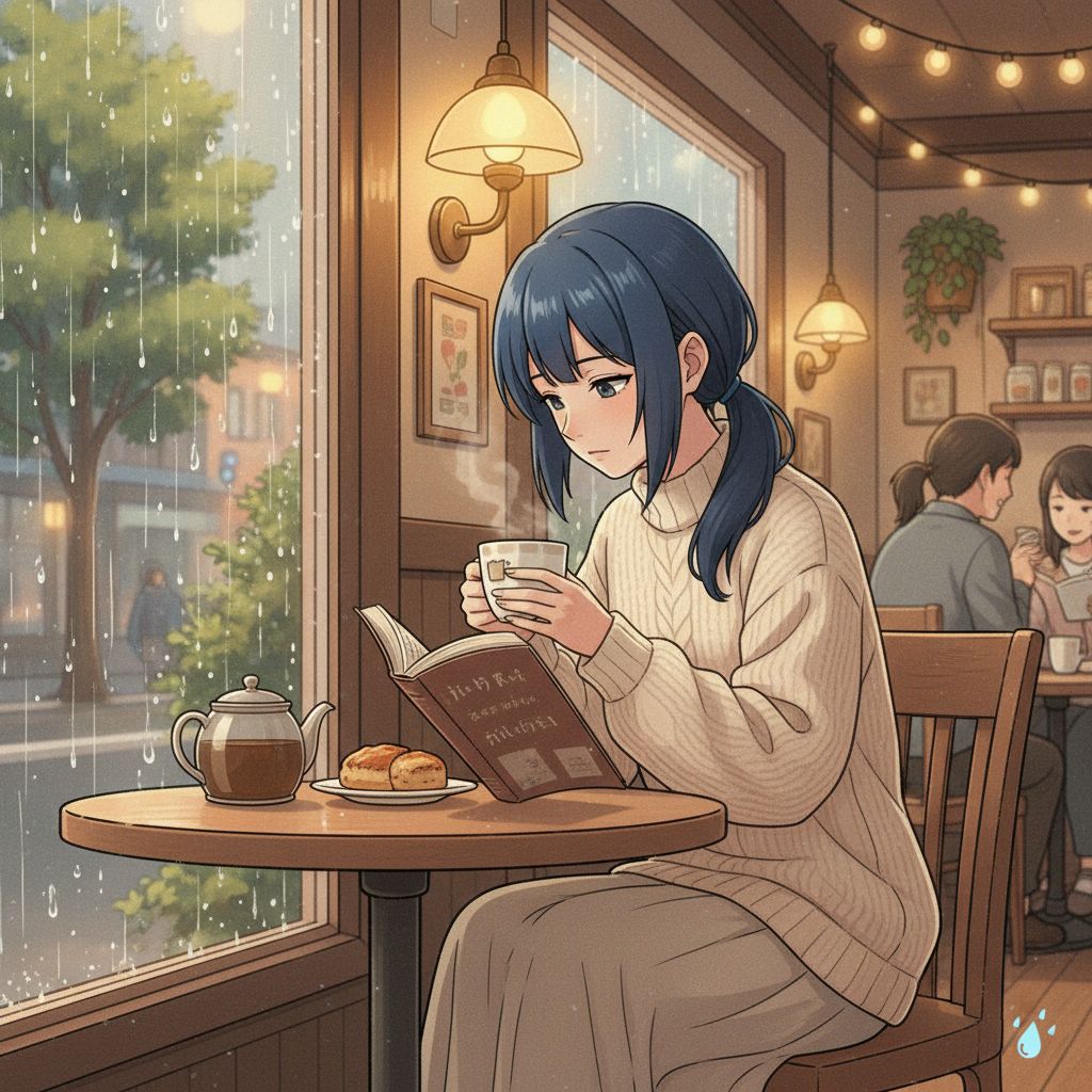 Hinata relaxing at a café, reading a book, lofi anime aesthetic.