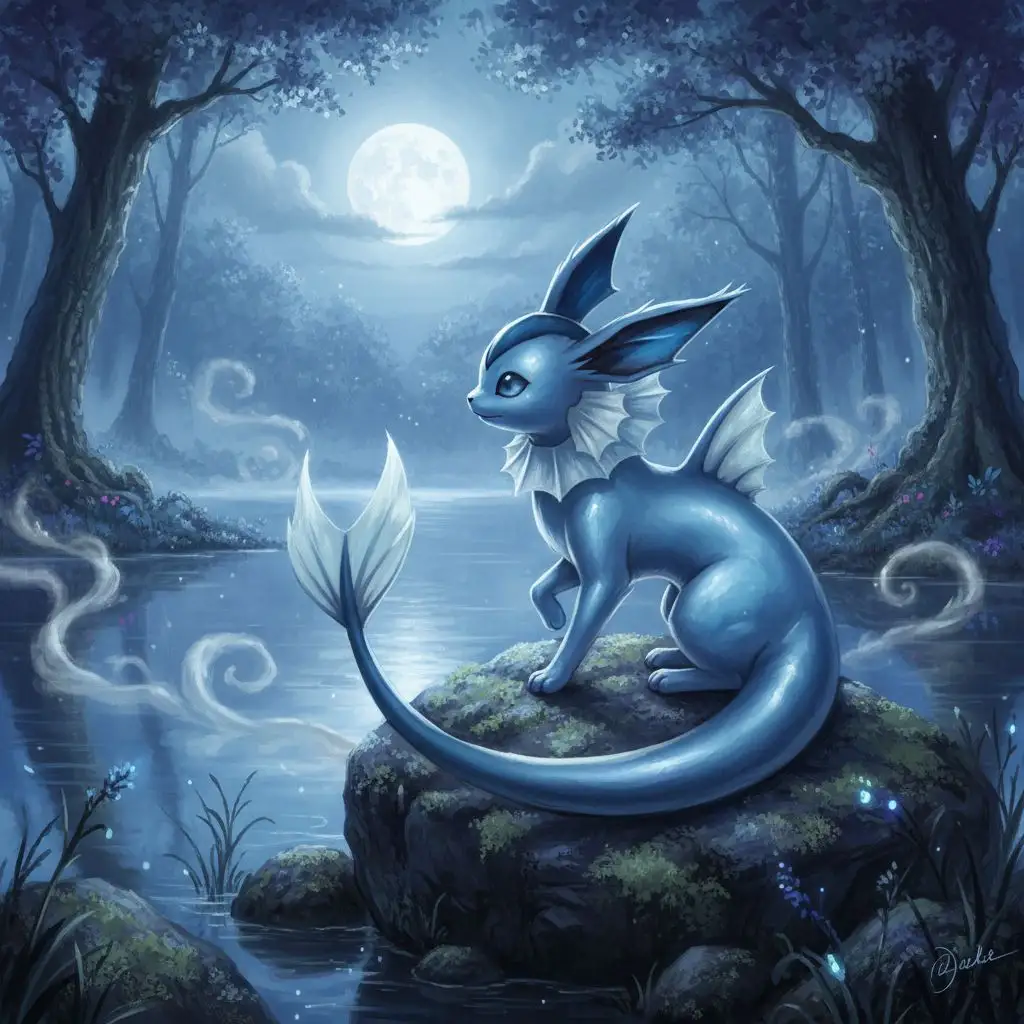Shiny Vaporeon by a moonlit lake