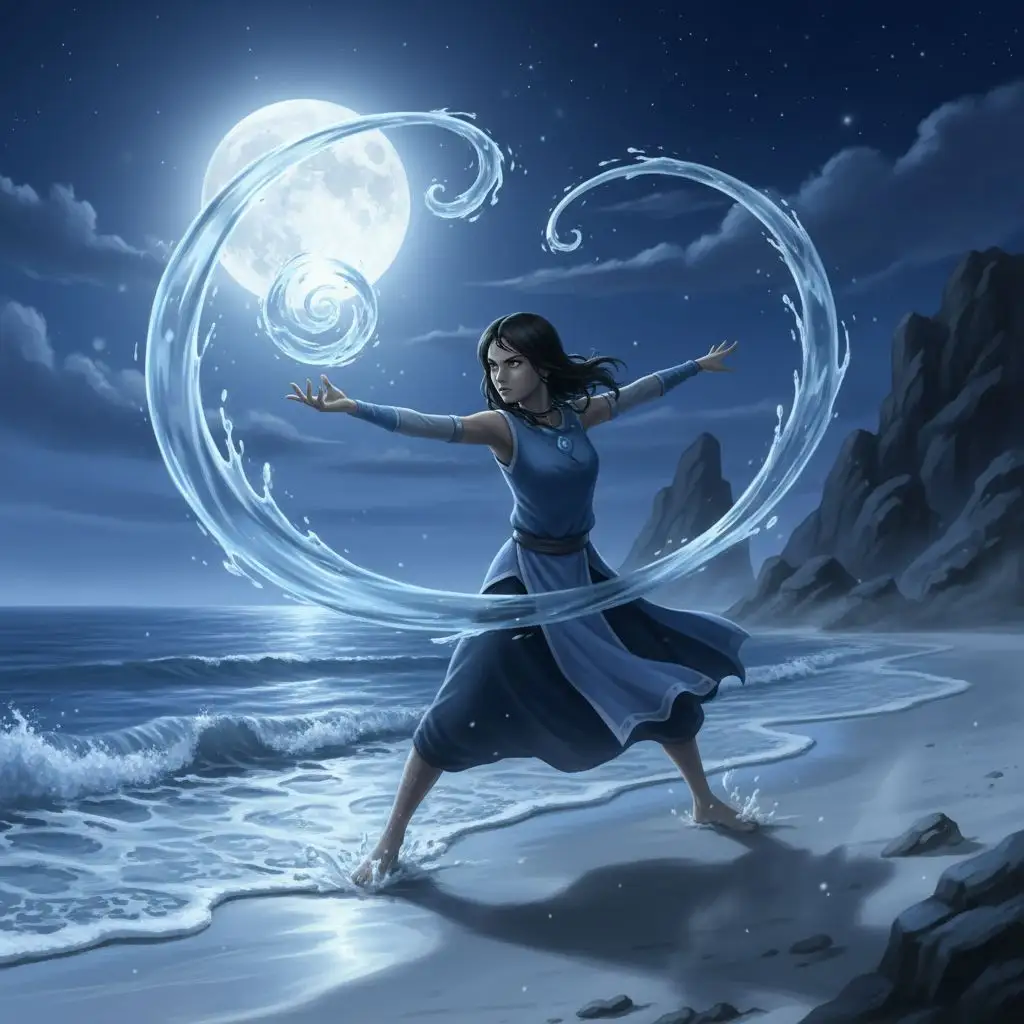Katara practicing waterbending on a moonlit beach, realistic cinematic style.