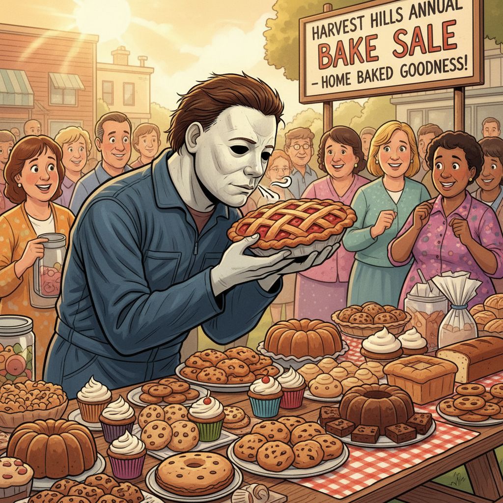 Michael Myers at a bake sale sniffing pie, vibrant illustration style.