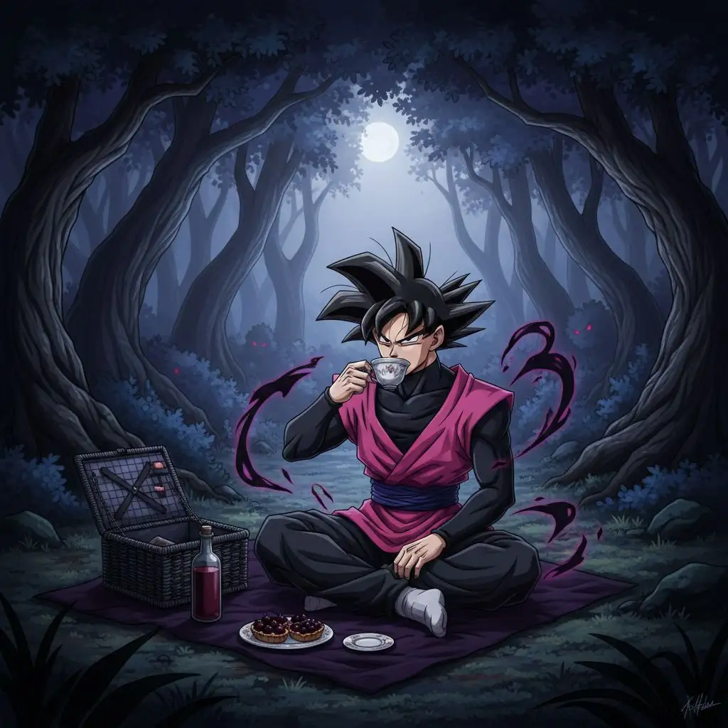 Goku Black fan art depicting Goku Black having a picnic in a dark forest.