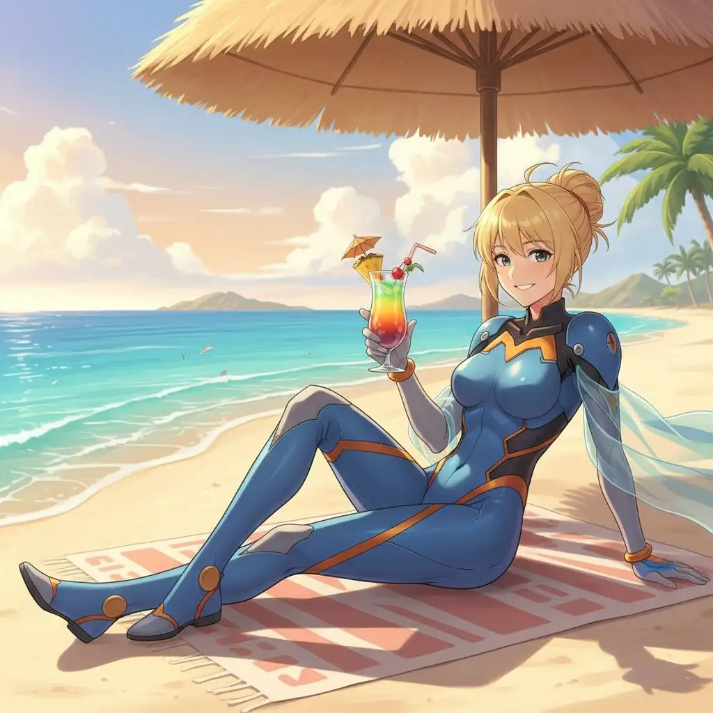 Zero Suit Samus relaxing on a beach with a tropical drink.
