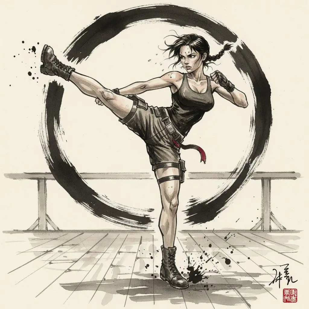 Lara Croft training martial arts in a dojo, AI generated fan art.