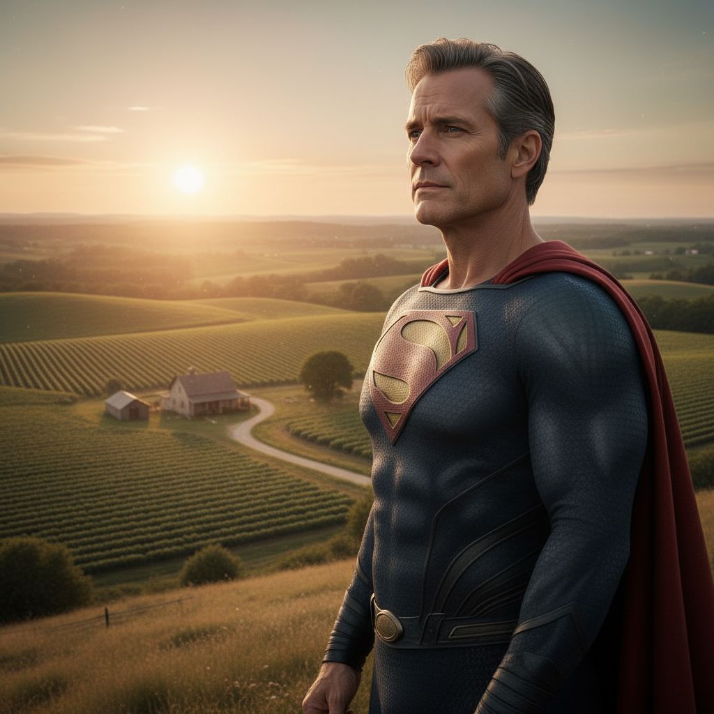 Aged Tom Welling Superman looking over farmland, realistic portrait.