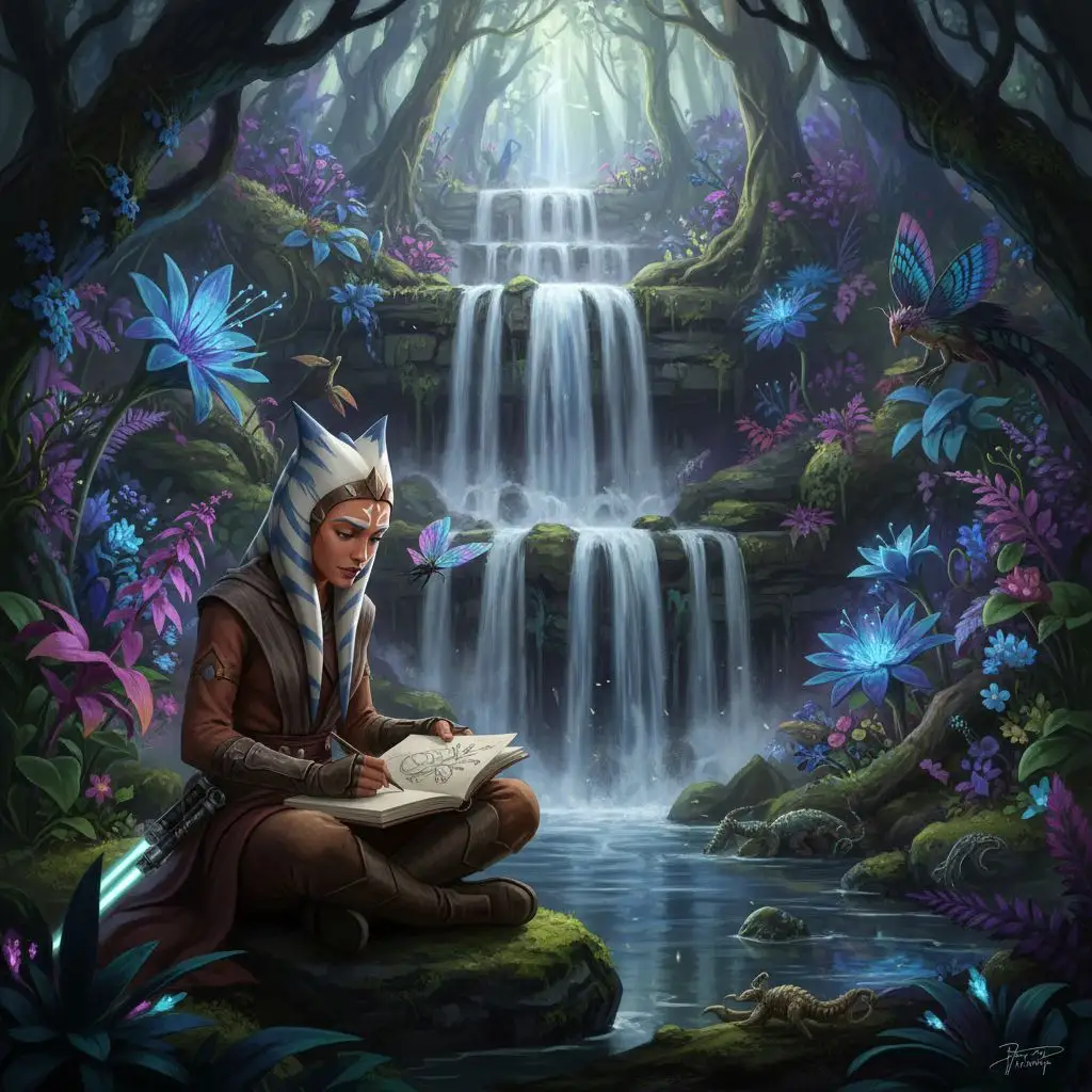 Ahsoka Tano sketching by a waterfall in a forest