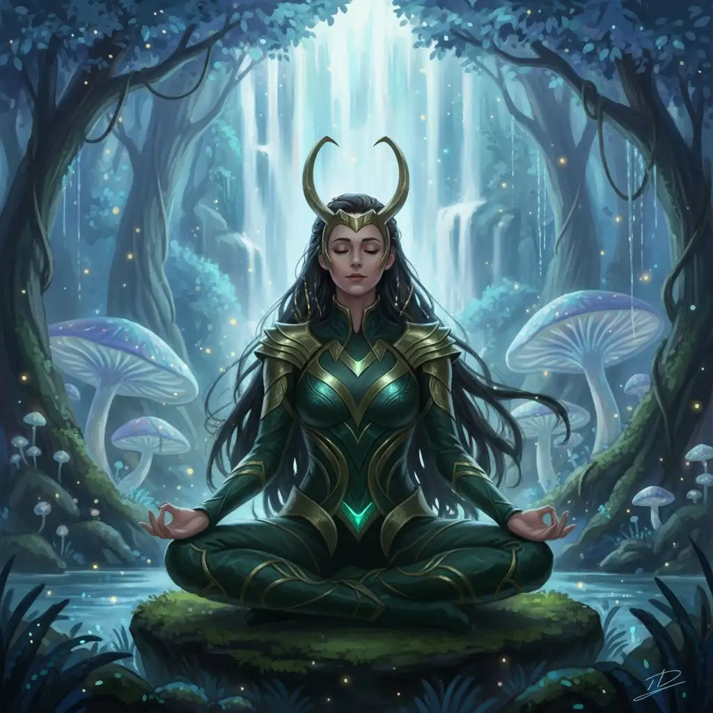 Serene Female Loki meditating by waterfall, ethereal digital art.