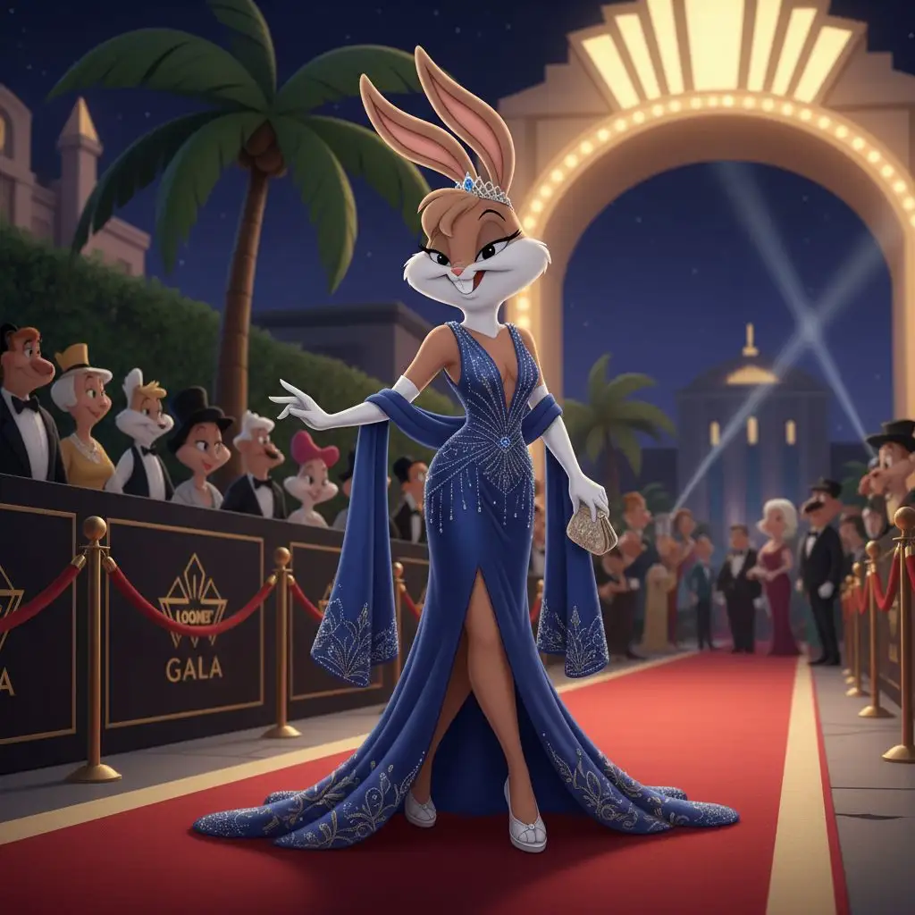 Lola Bunny in an elegant gown at a glamorous red carpet event.