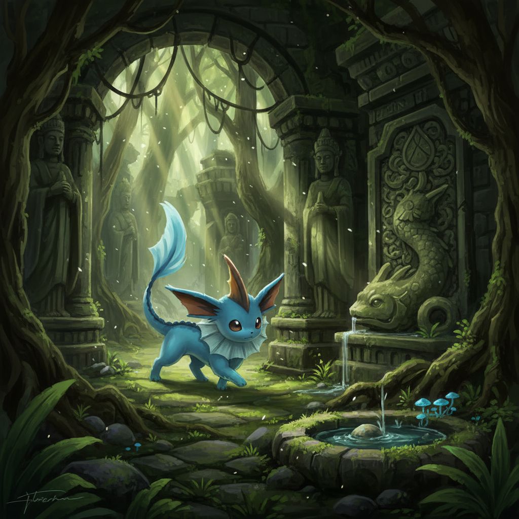 Vaporeon exploring ancient jungle ruins