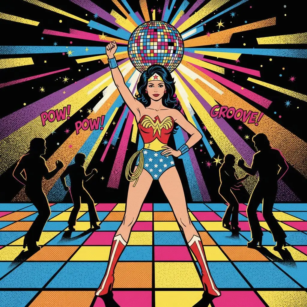 Lynda Carter's Wonder Woman on a retro disco dance floor.