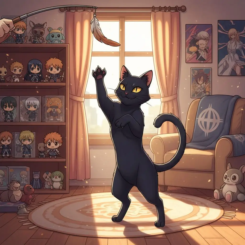 Yoruichi cat fan art of Yoruichi as a black cat playing indoors