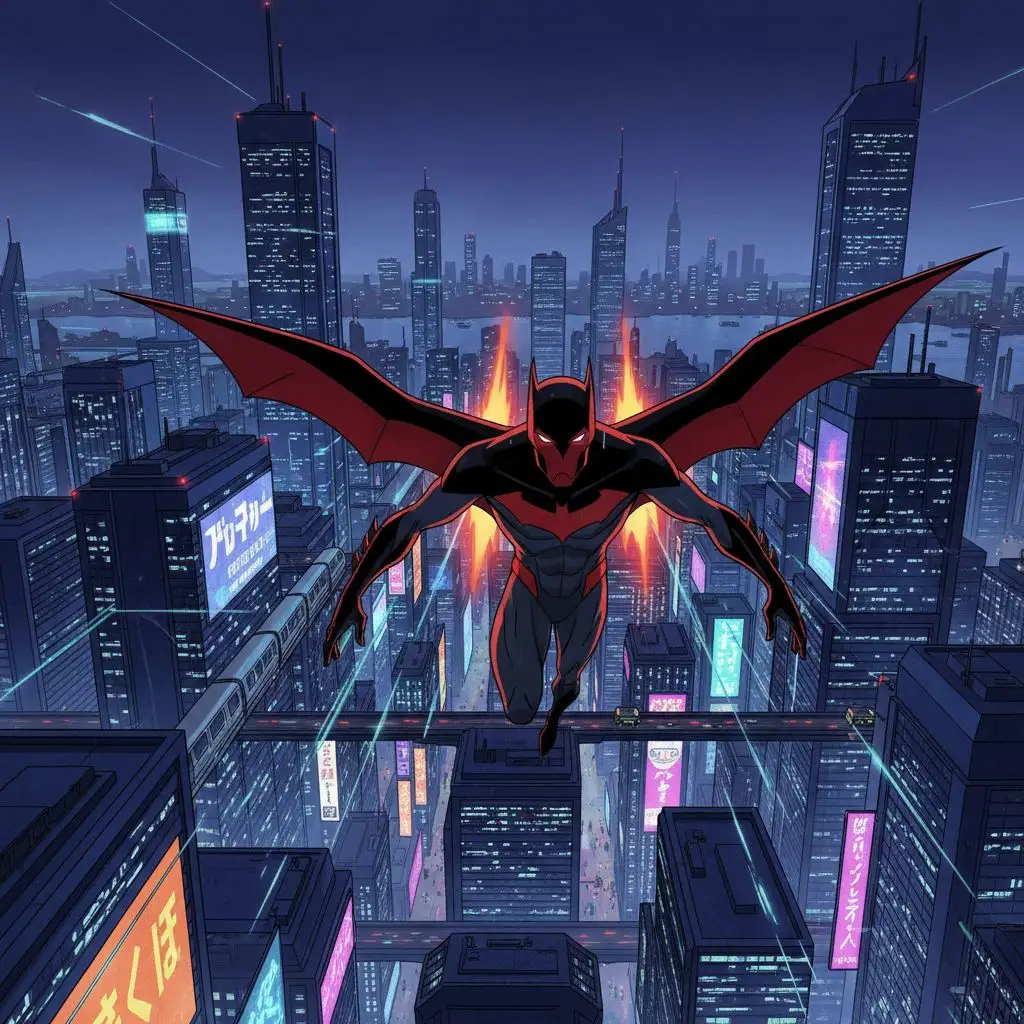 Batman Beyond soaring through a neon cyberpunk city, futuristic animated style.