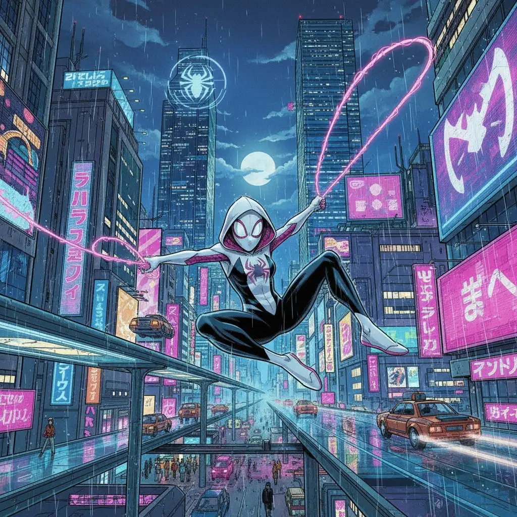 Spider Gwen swinging through a cyberpunk city at night, dynamic comic art style.