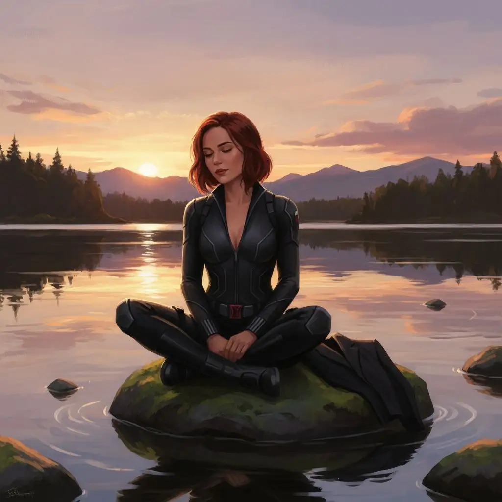 Black Widow relaxing by a lake at sunset, contemplative moment.
