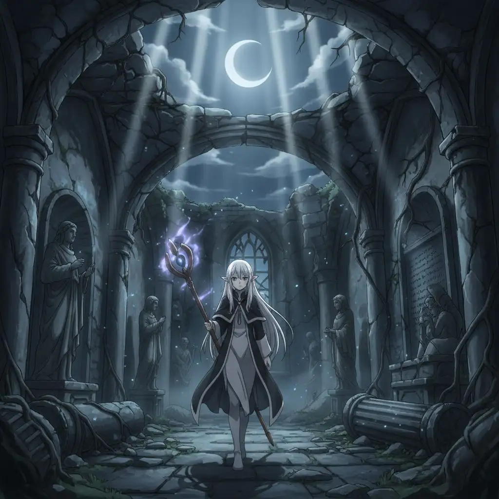 Frieren Fan Art: Frieren exploring ancient ruins under moonlight, atmospheric AI art.