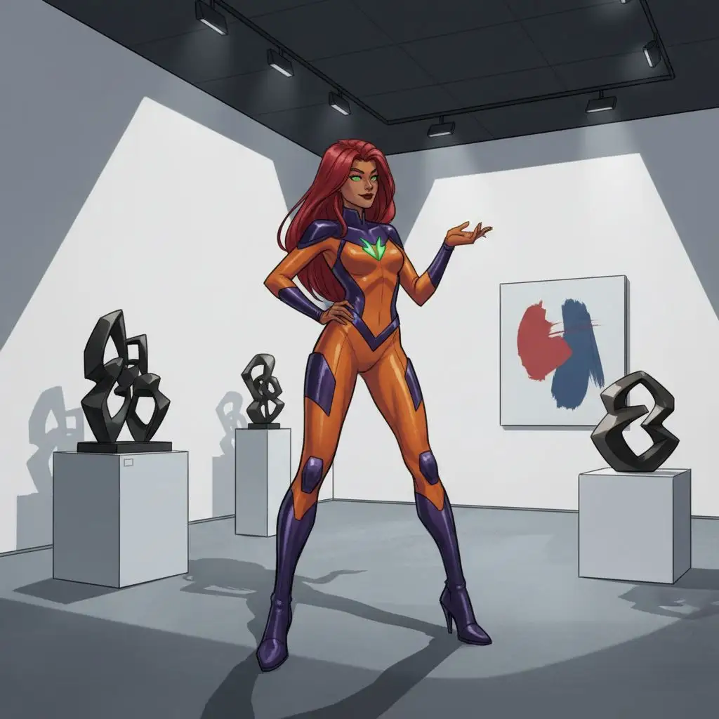 Starfire confident pose, modern art gallery, fashion illustration style