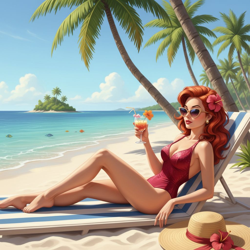 Jessica Rabbit relaxing on a tropical beach under sunny skies.