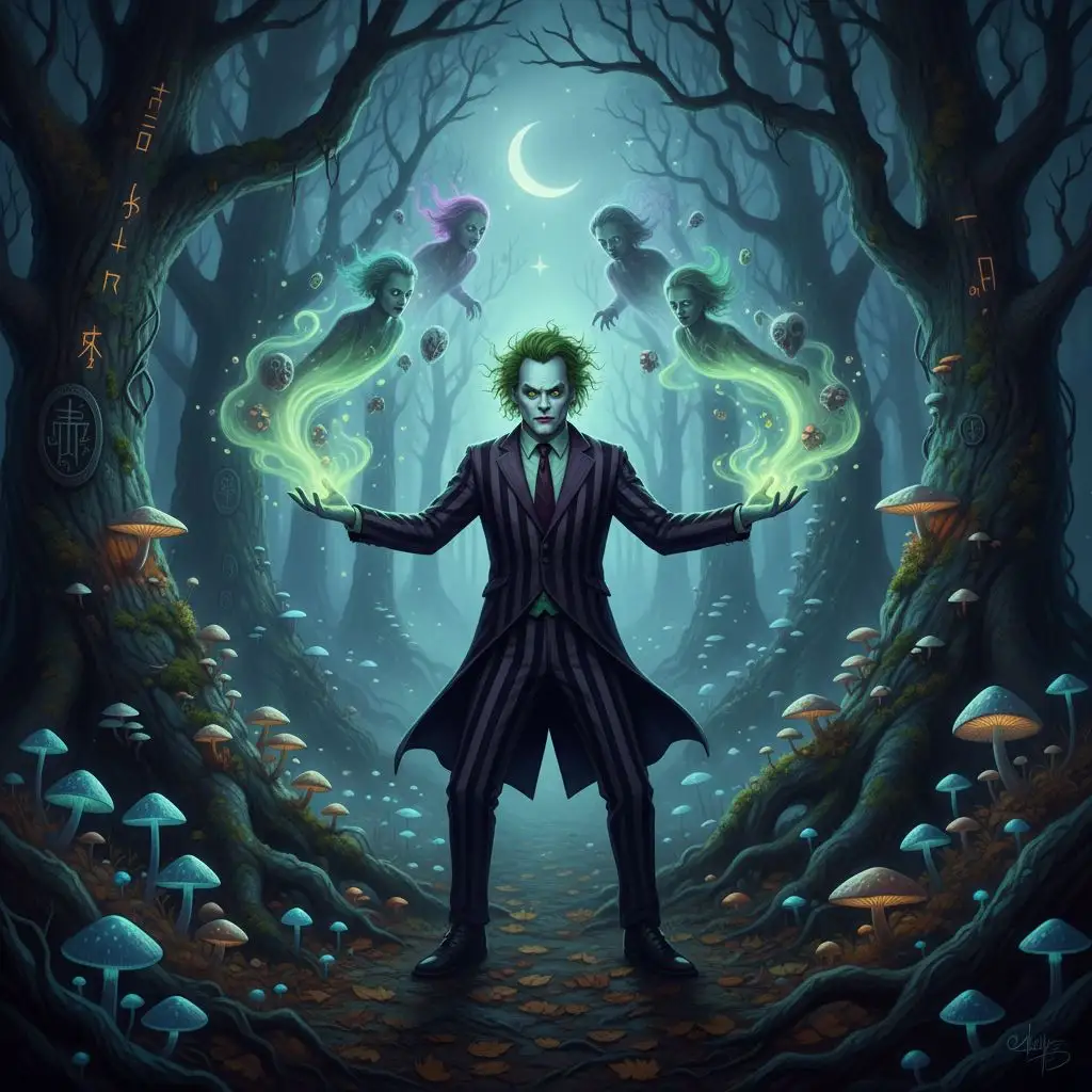 Beetlejuice conjuring spirits in an enchanted forest with glowing mushrooms.