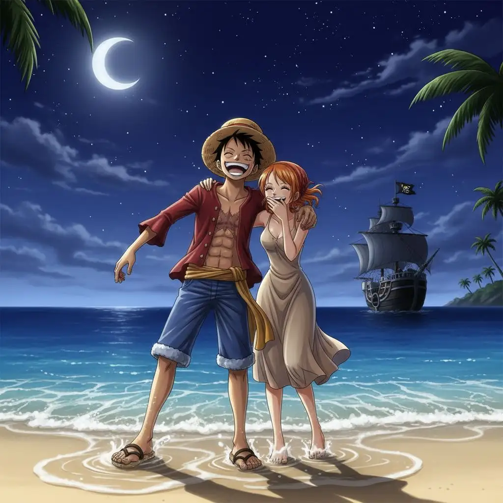 Luffy and Nami laughing on a beach under a starry night sky, romantic scene.
