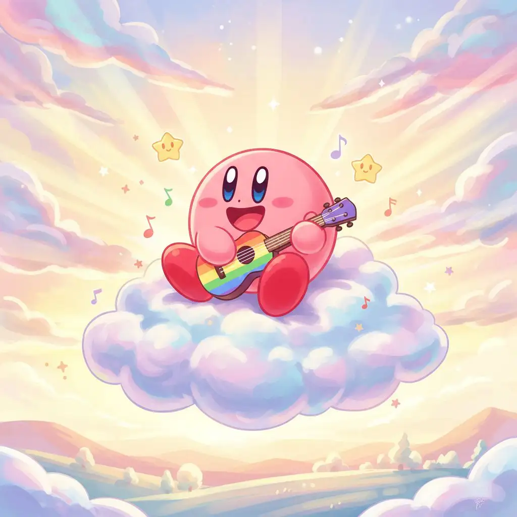 Cute Kirby playing ukulele on a cloud at sunset, vibrant fan art.