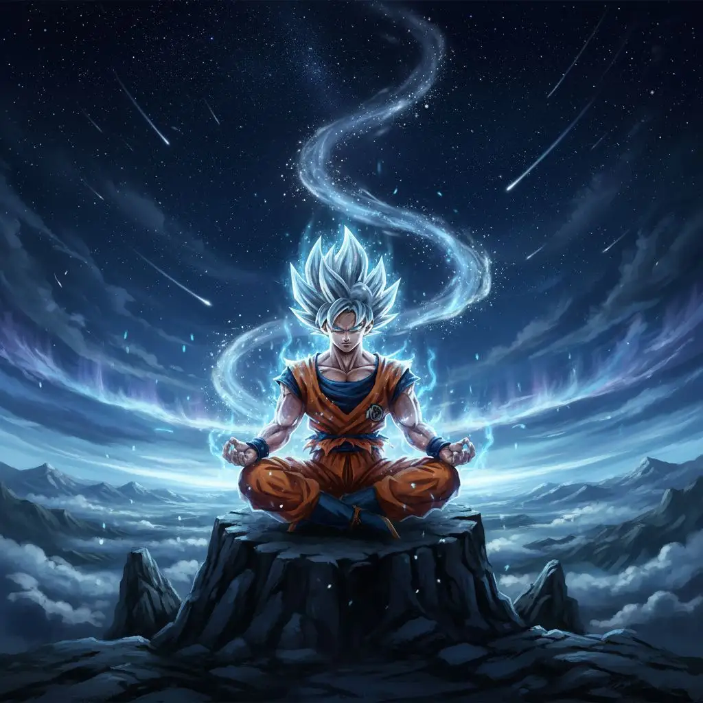 MUI Goku fan art showing Mastered Ultra Instinct Goku meditating on a mountain at night.
