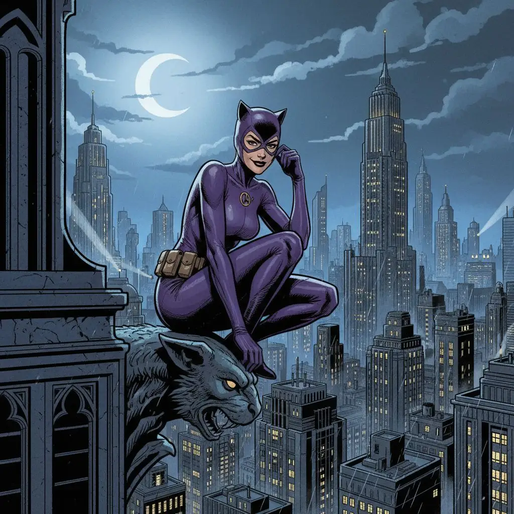 Classic Catwoman on Gotham rooftop at night, comic book style