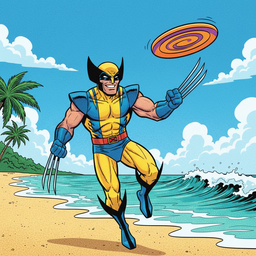 Wolverine catching a frisbee on a sunny beach, pop art style.