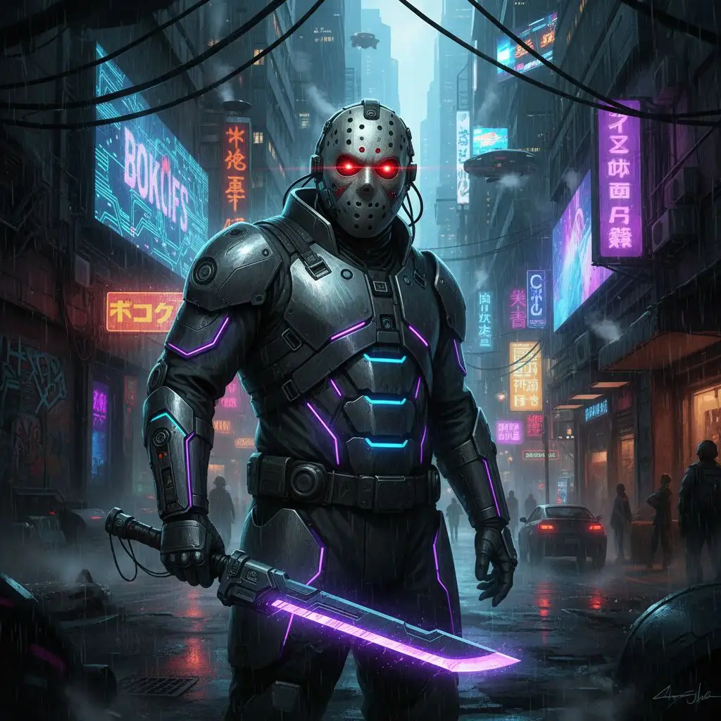 Cyberpunk Jason Voorhees fan art in a neon city