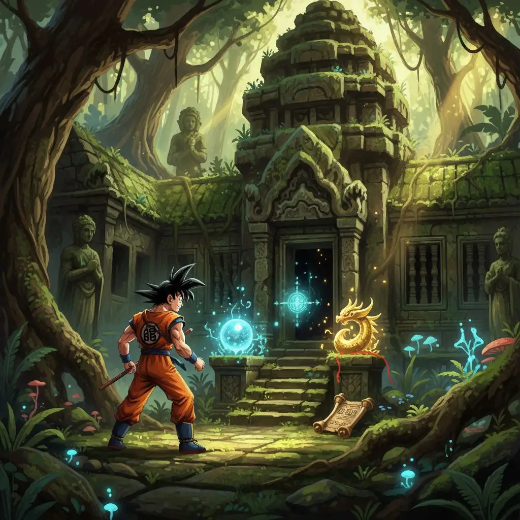 DBZ Goku fan art of Goku exploring an ancient temple in a jungle.