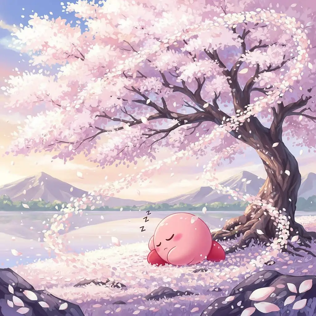 Peaceful Kirby napping under cherry blossoms, tranquil anime fan art.