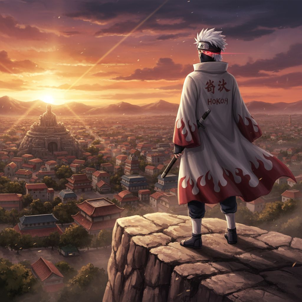 Kakashi as Hokage overlooking Konoha, dramatic digital art.
