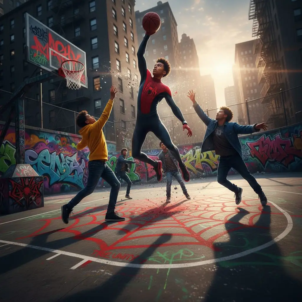 Miles Morales playing basketball on a street court, dynamic urban photo style