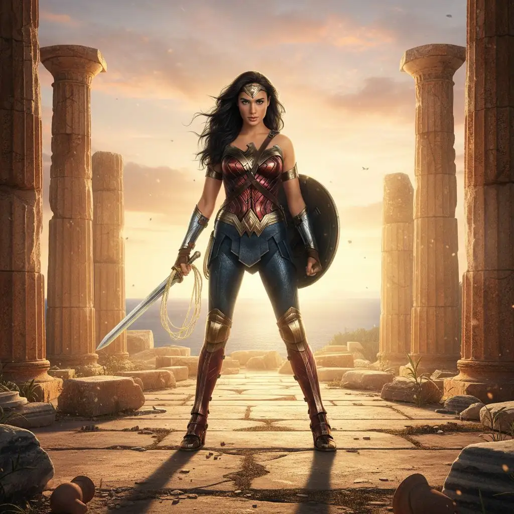 Gal Gadot's Wonder Woman in ancient ruins under golden sunlight.