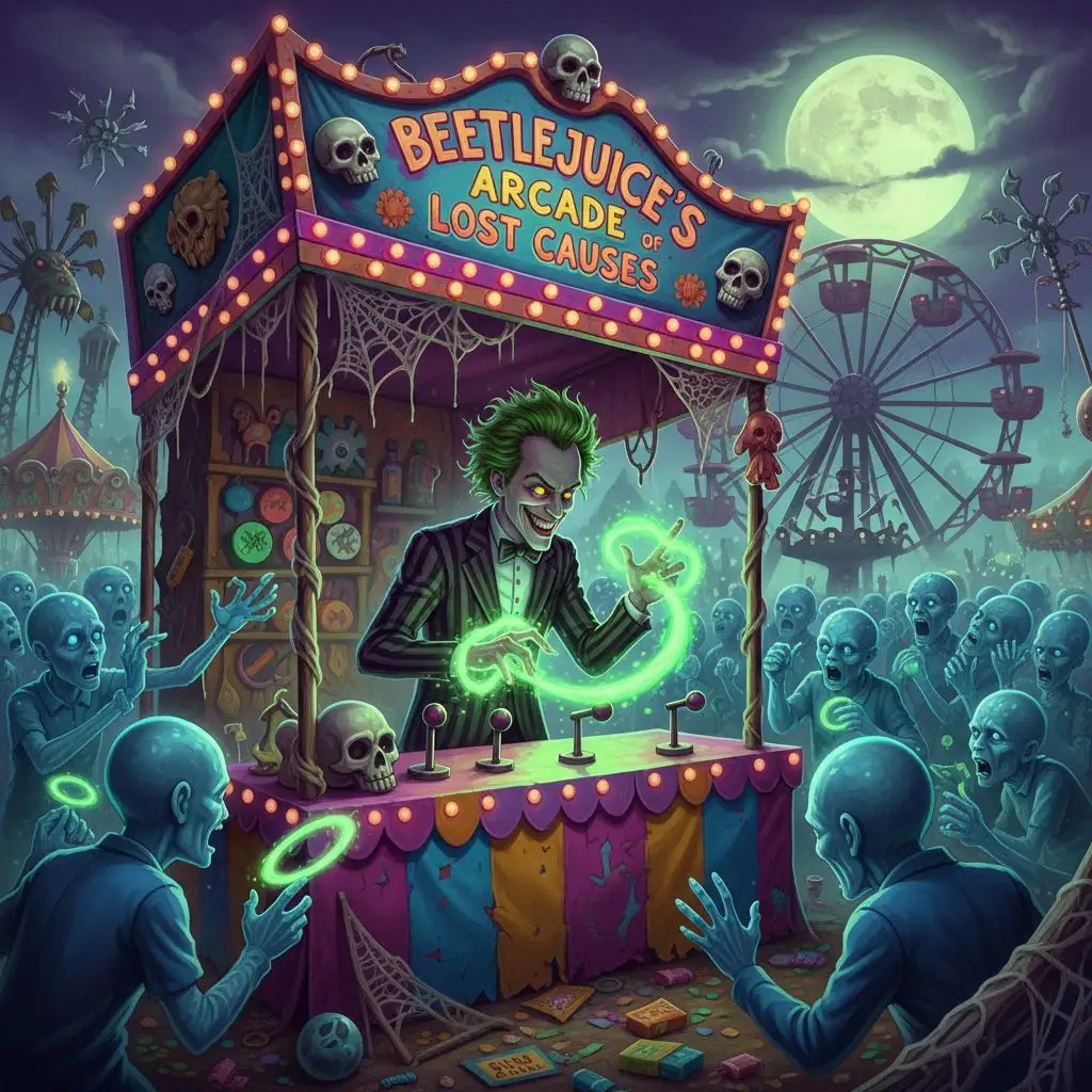 Beetlejuice operating a haunted carnival game booth amidst spectral onlookers.