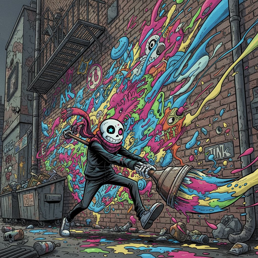 Ink Sans painting a vibrant mural in an urban alley.