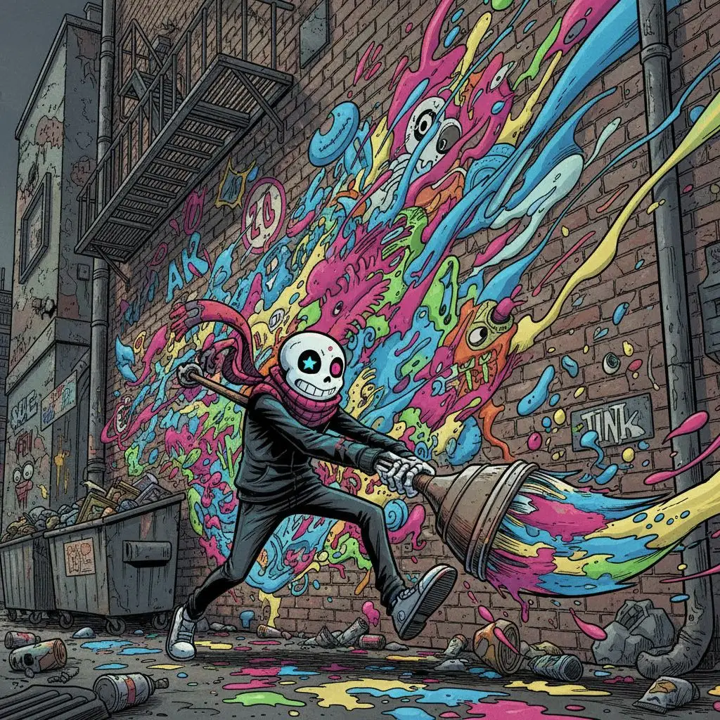 Ink Sans painting a vibrant mural in an urban alley.