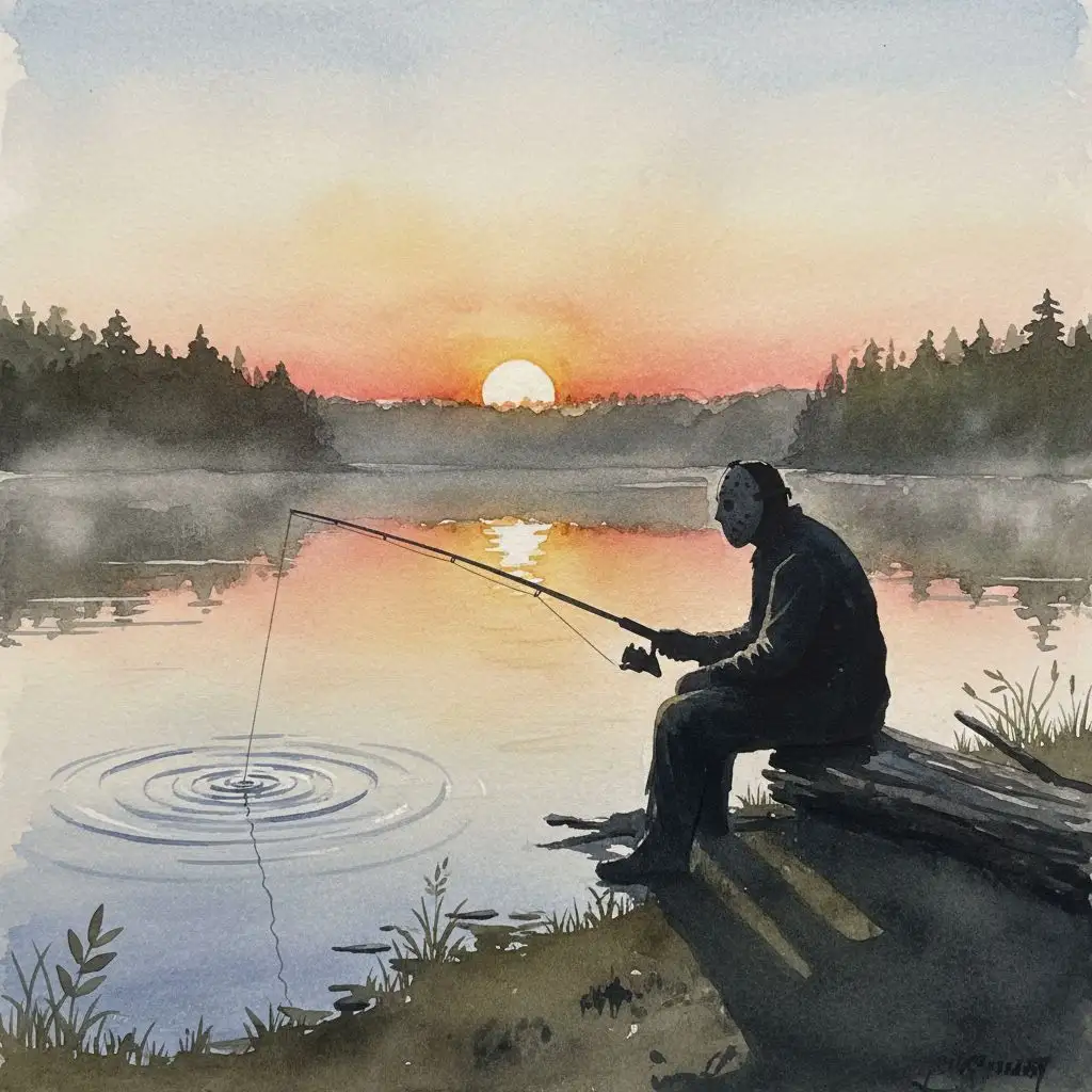 Jason Voorhees fan art fishing by Crystal Lake at dawn