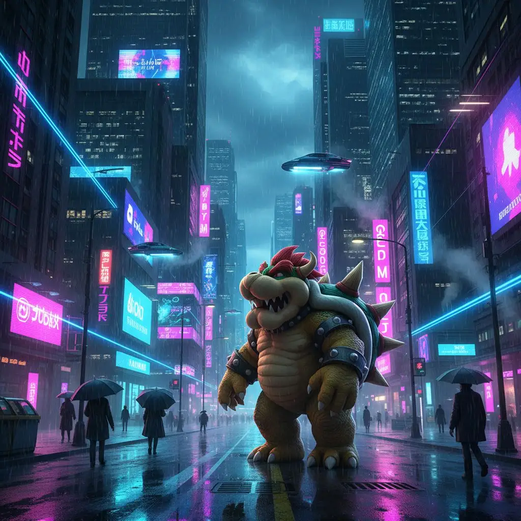 Bowser strolling through a futuristic neon city, Bowser fan art.