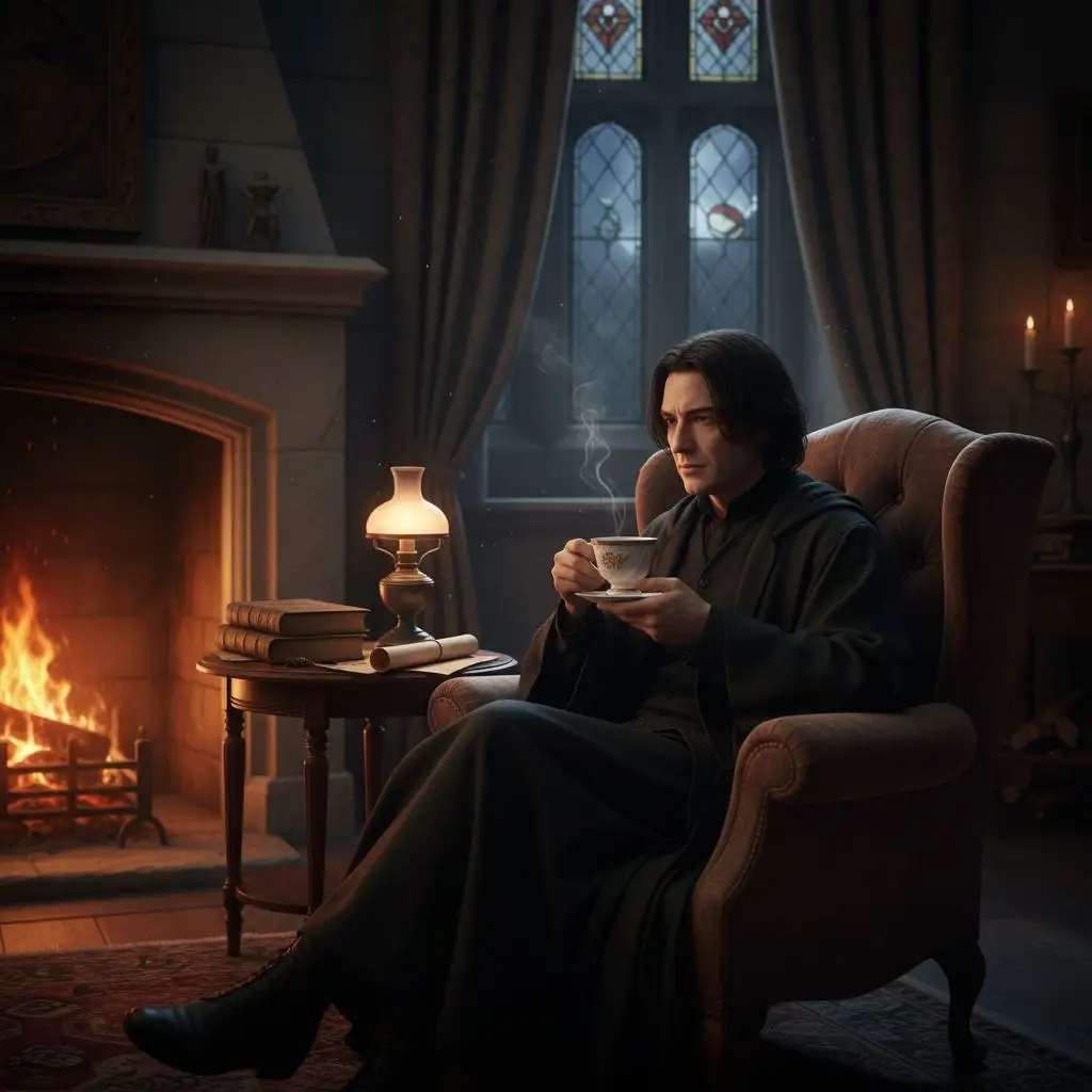 Severus Snape relaxing with tea in a cozy common room.