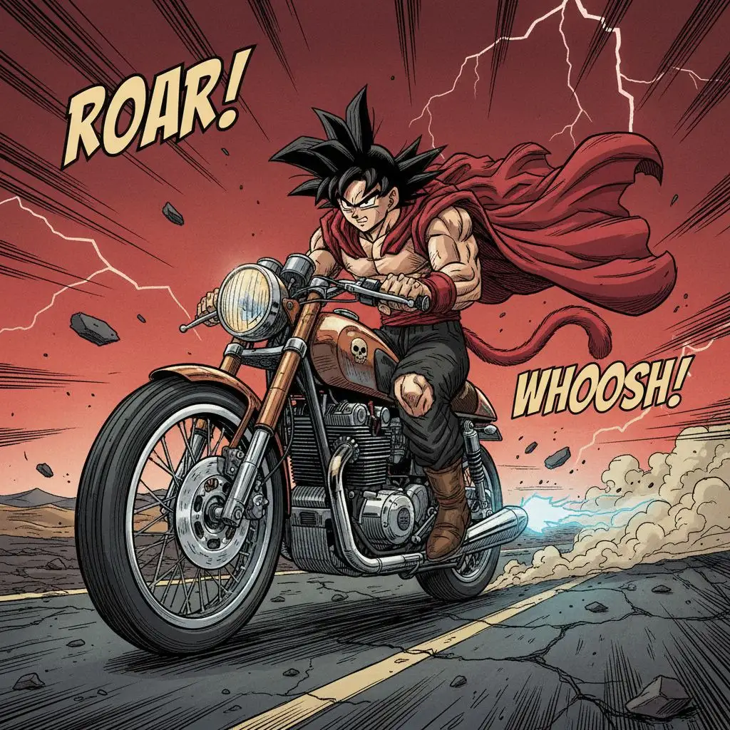 Goku SSJ4 fan art of Super Saiyan 4 Goku riding a motorcycle on a highway.