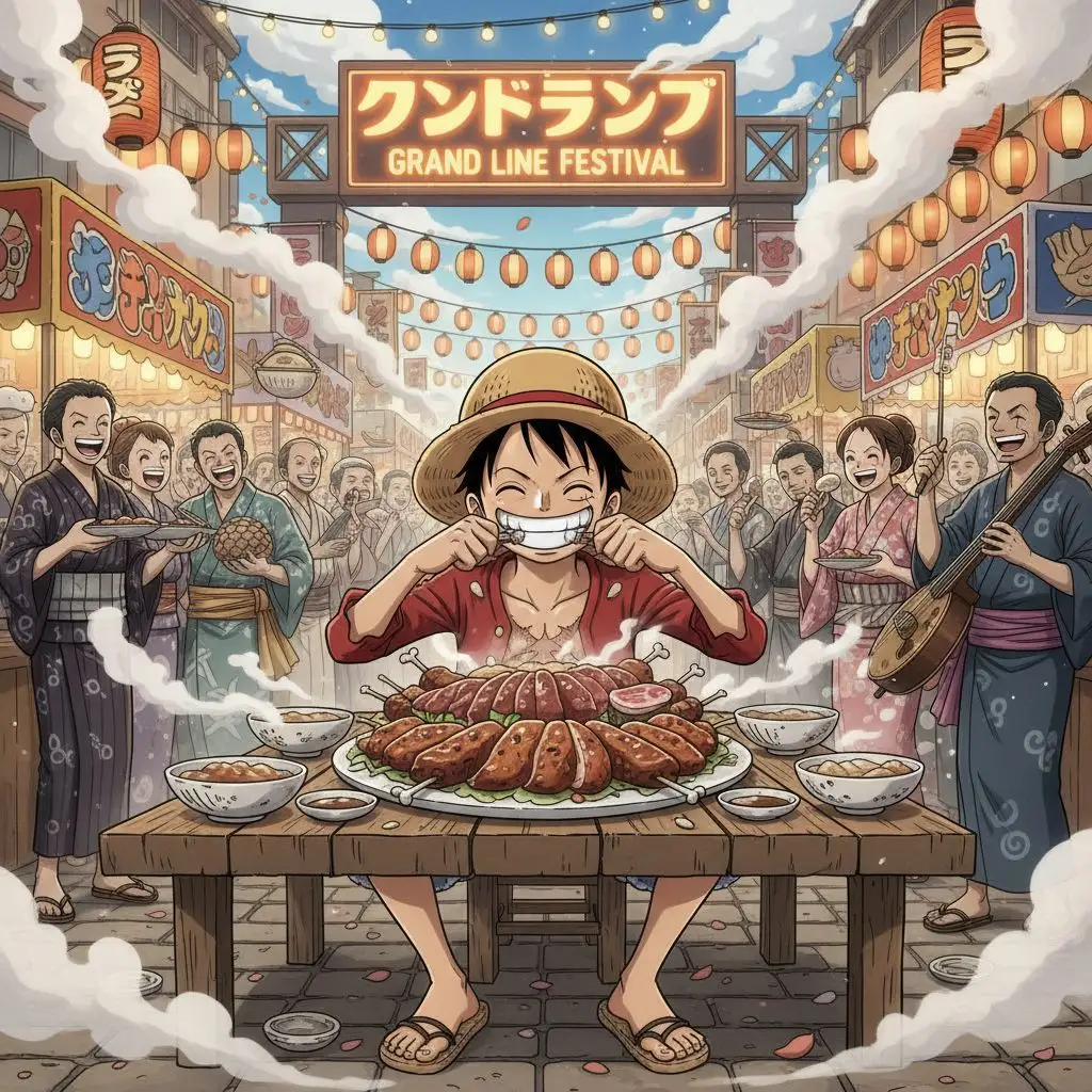 Luffy enjoying meat at a vibrant street food festival in anime style.