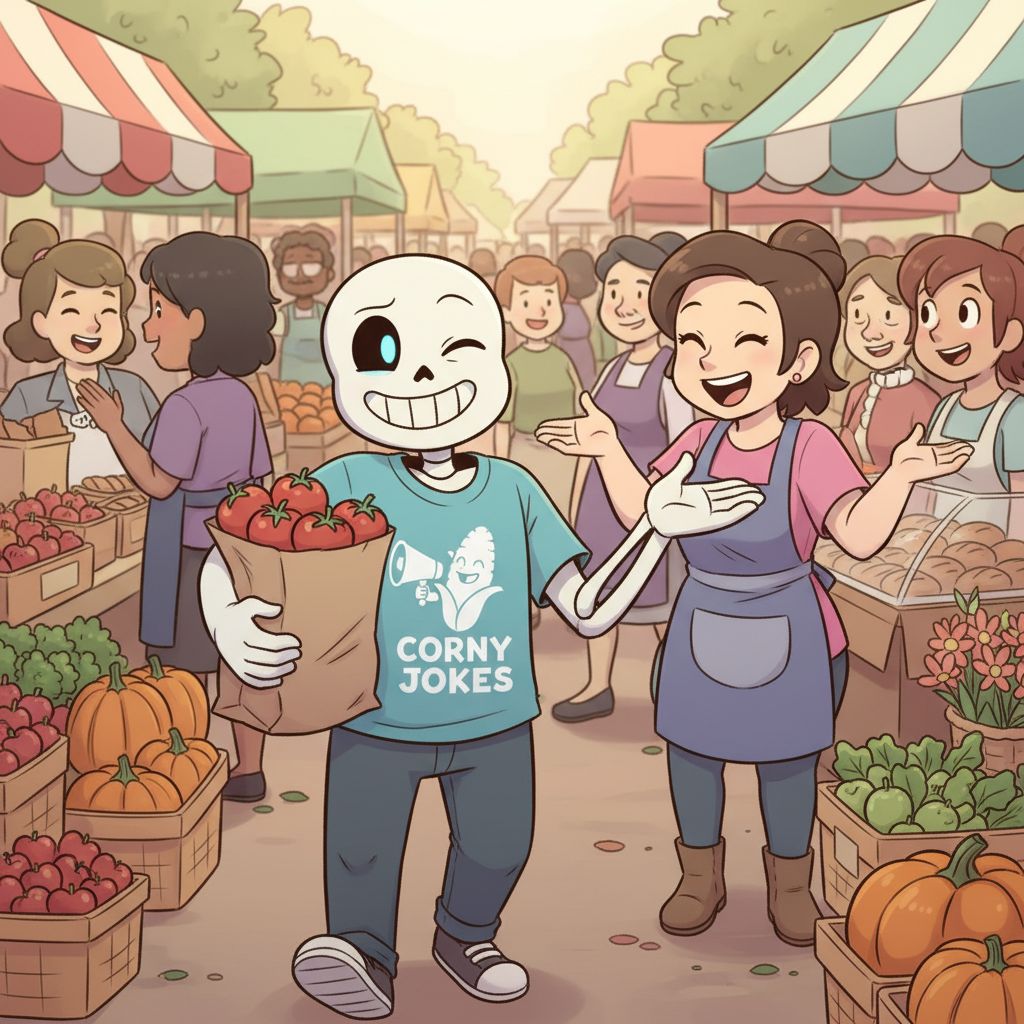 Sans strolling through a farmer's market with a "punny" t-shirt.