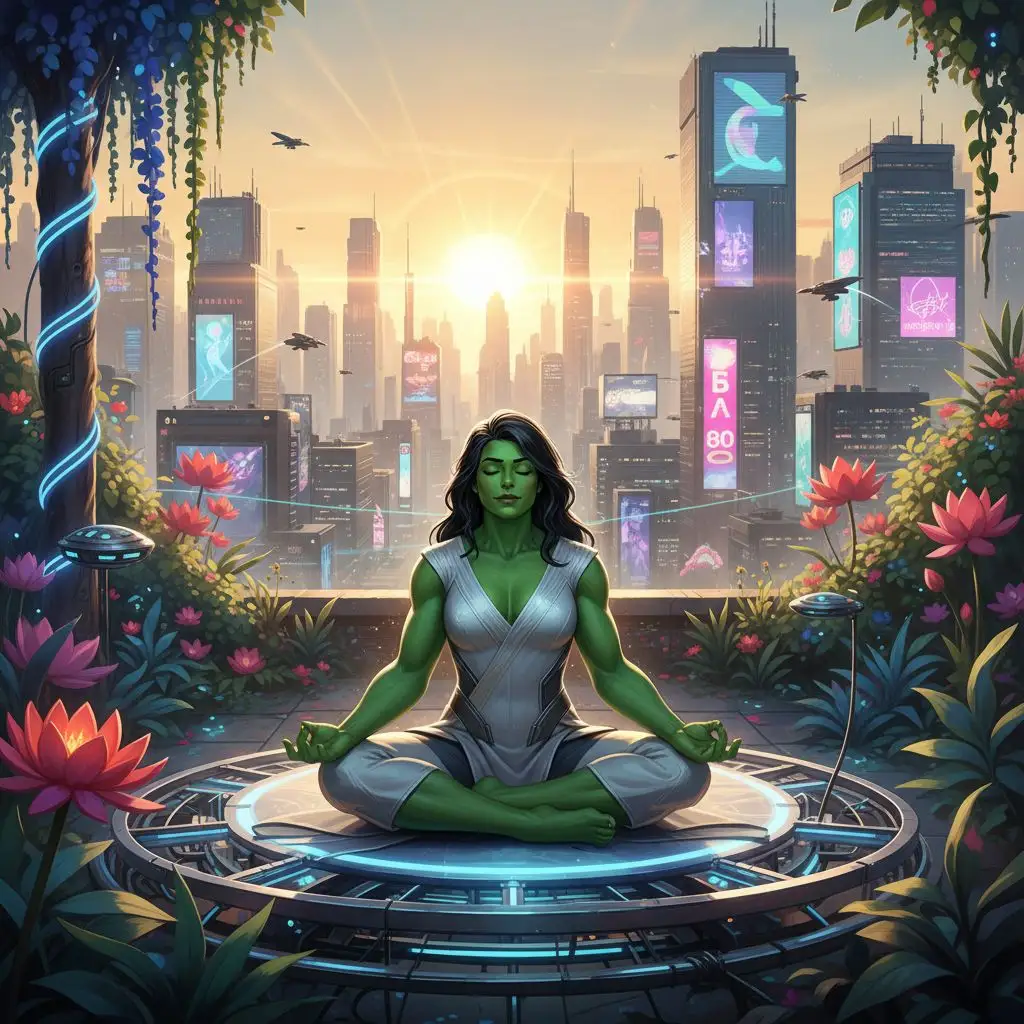She Hulk meditating in a futuristic garden, a serene and powerful image.