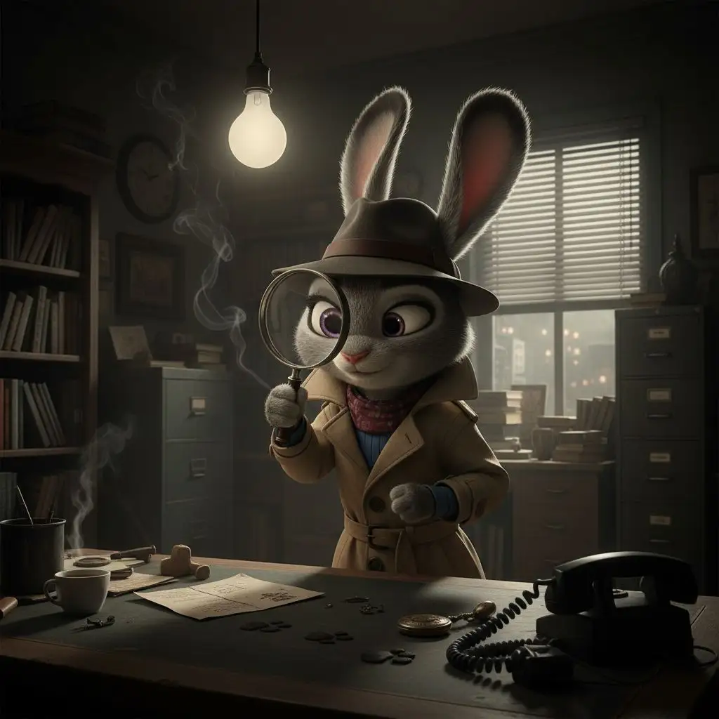 Judy Hopps dressed as a detective in a noir-style office.