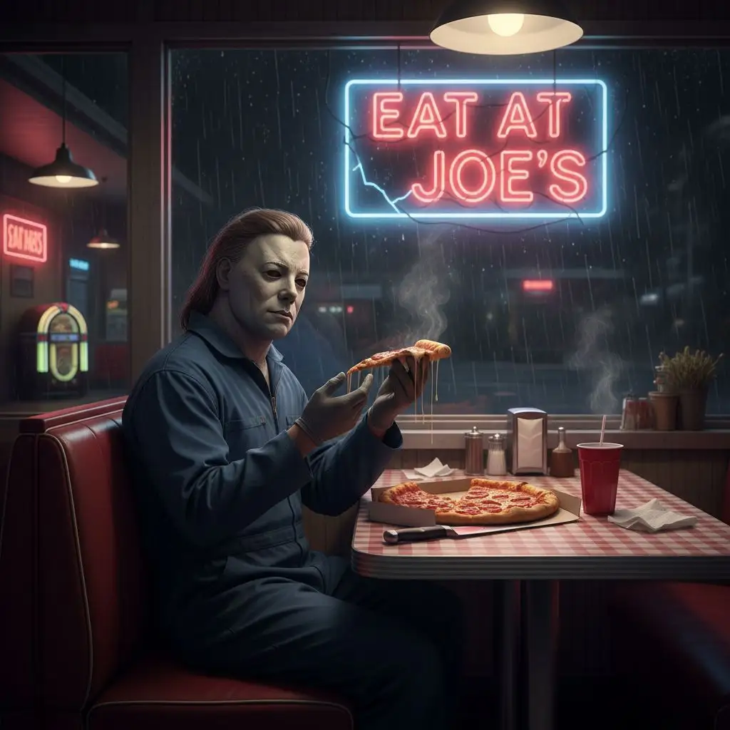 Michael Myers eating pizza in a diner, cinematic style.