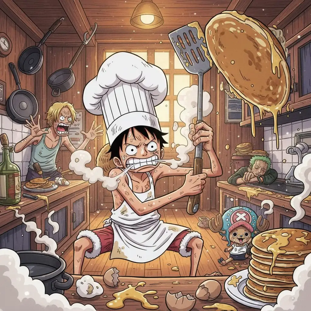Luffy comically cooking in a chaotic kitchen as a chef.
