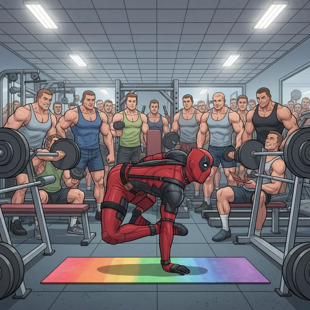 Deadpool doing a funny yoga pose at a crowded gym.