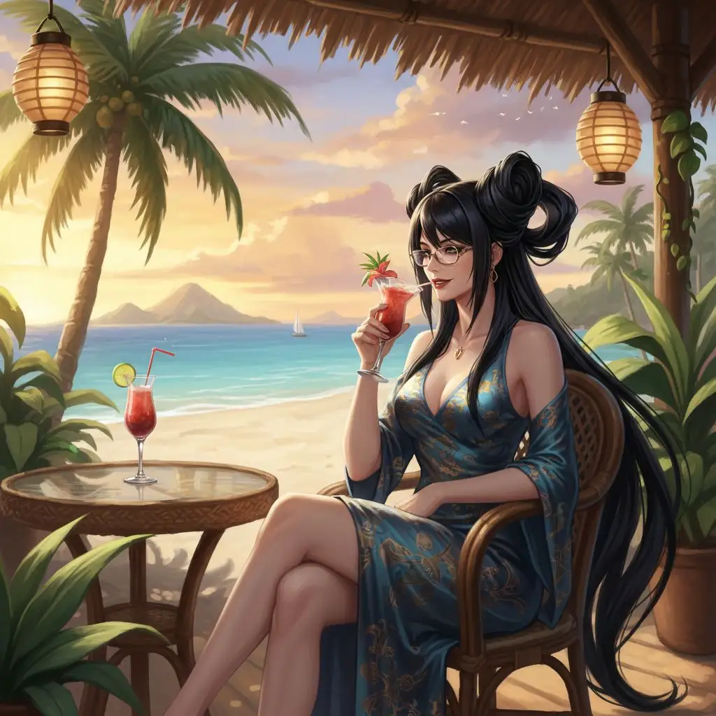 Bayonetta enjoying a cocktail at a tropical beach cafe, digital painting.